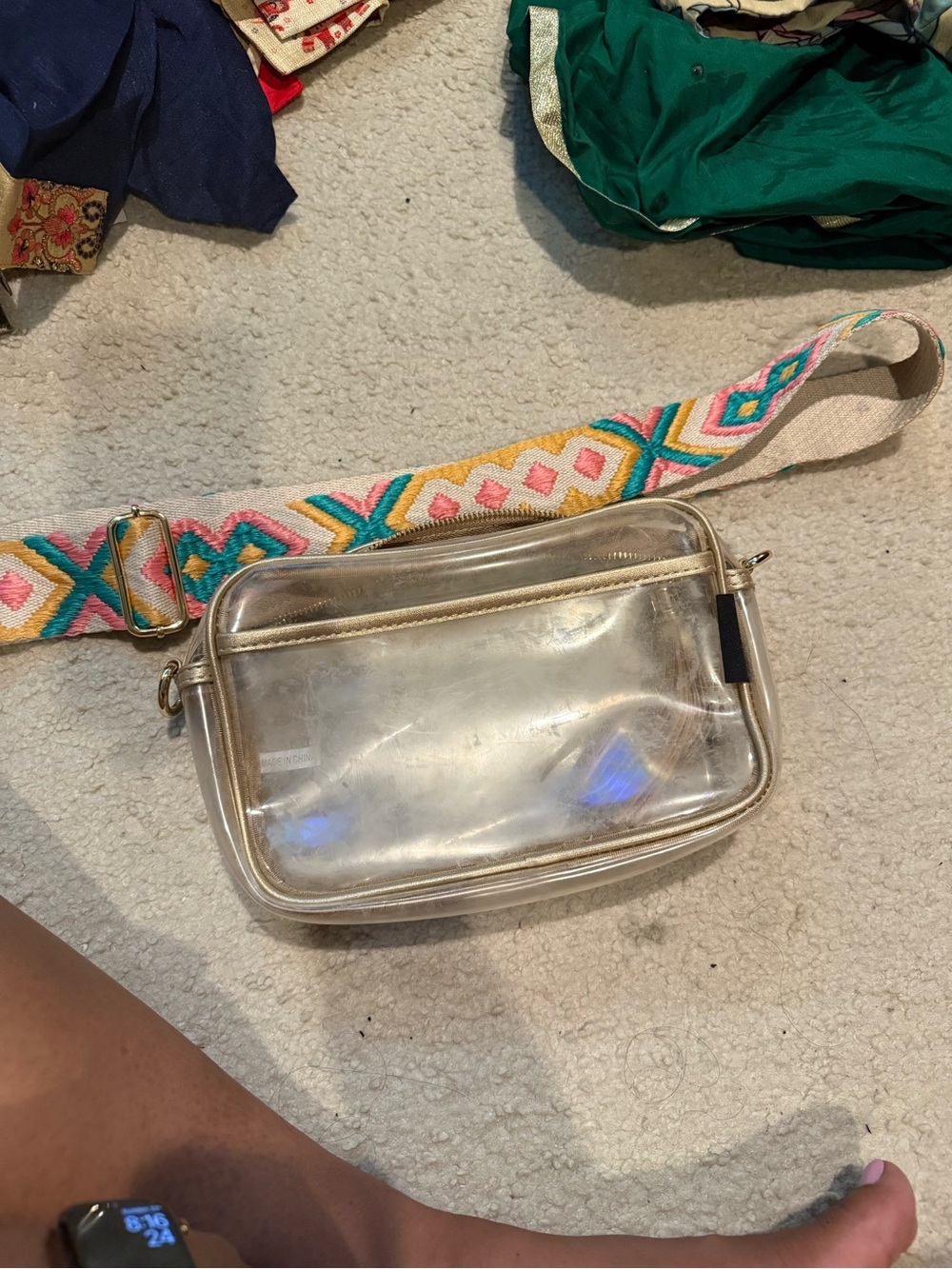 Clear Crossbody Bag with Colorful Adjustable Strap - Gold Trim